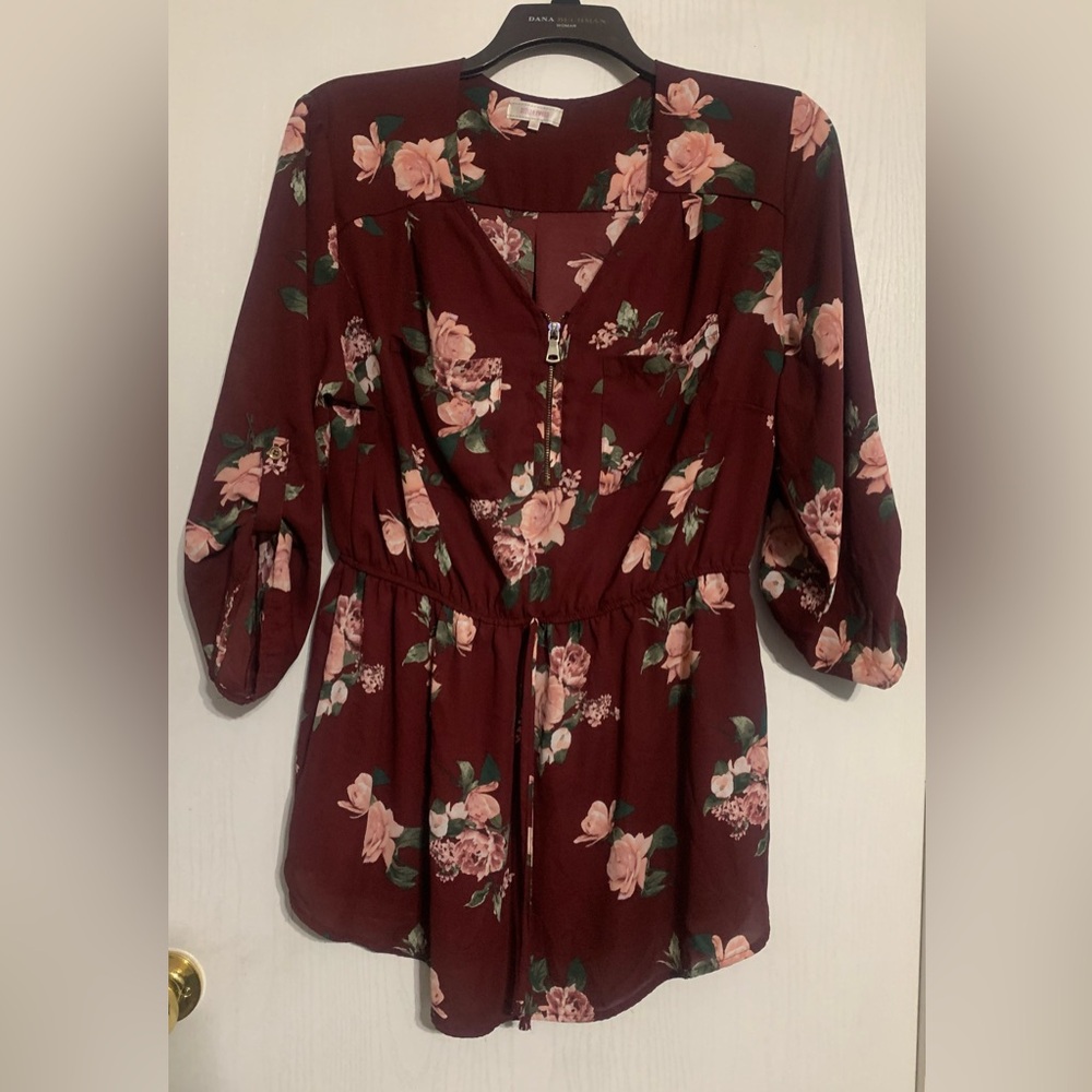 Stella Tweed Burgundy Floral Zip-Front Peplum Tunic Blouse